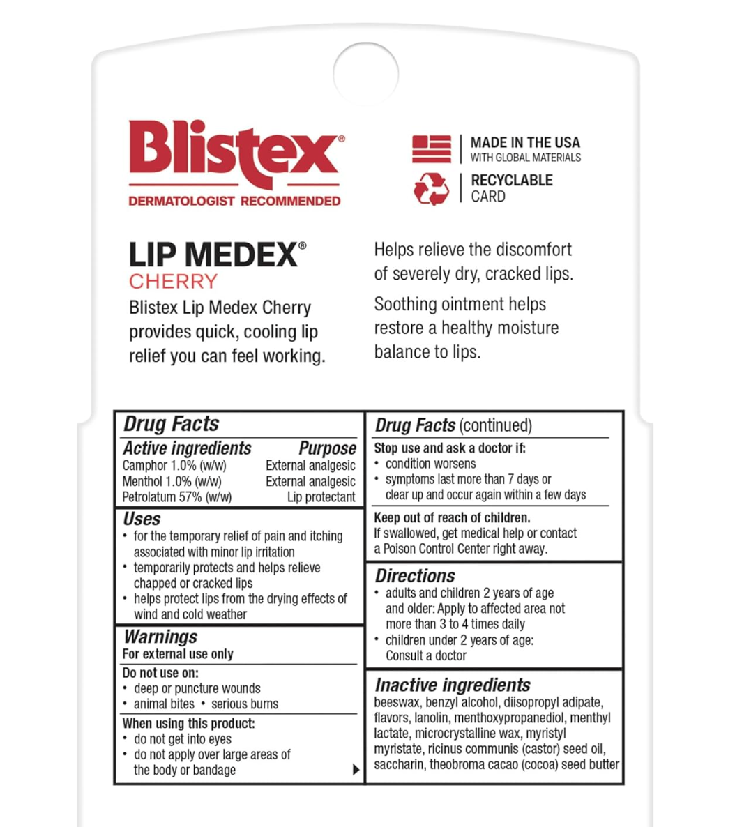 Blistex Lip Medex Cherry 2 Count, 0.35 oz Advanced Hydration, Medicated Relief with Cooling, Soothes & Protects, Restores Healthy Moisture to Lips