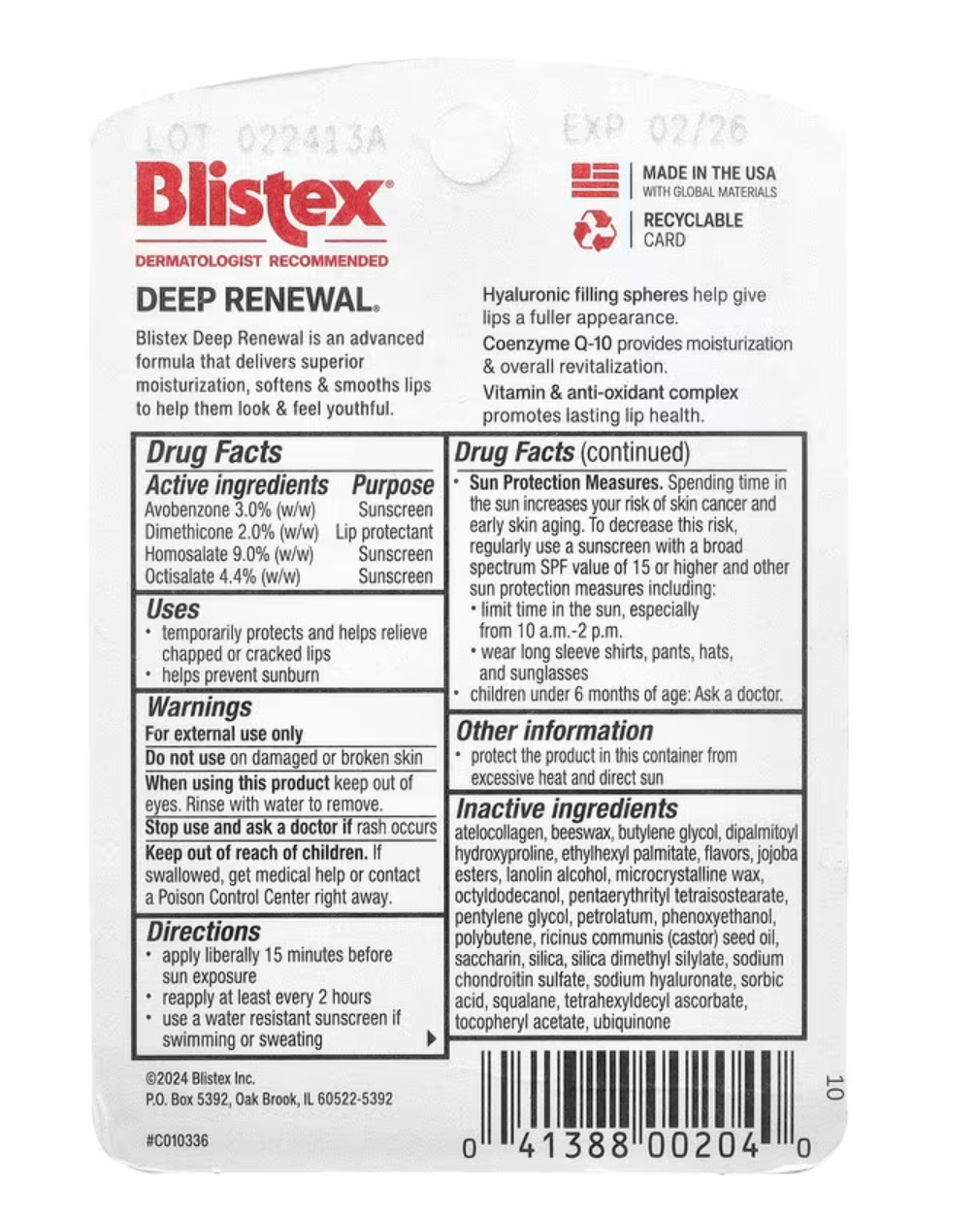 Blistex, Deep Renewal Lip Protectant/Sunscreen, SPF 15, 0.13 oz (3.69 g)
