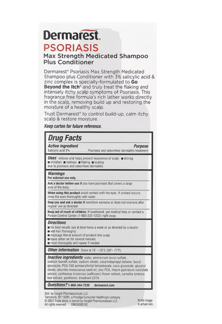 Dermarest, Psoriasis, Maximum Strength Medicated Shampoo + Conditioner, Fragrance Free, 8 fl oz (236 ml)