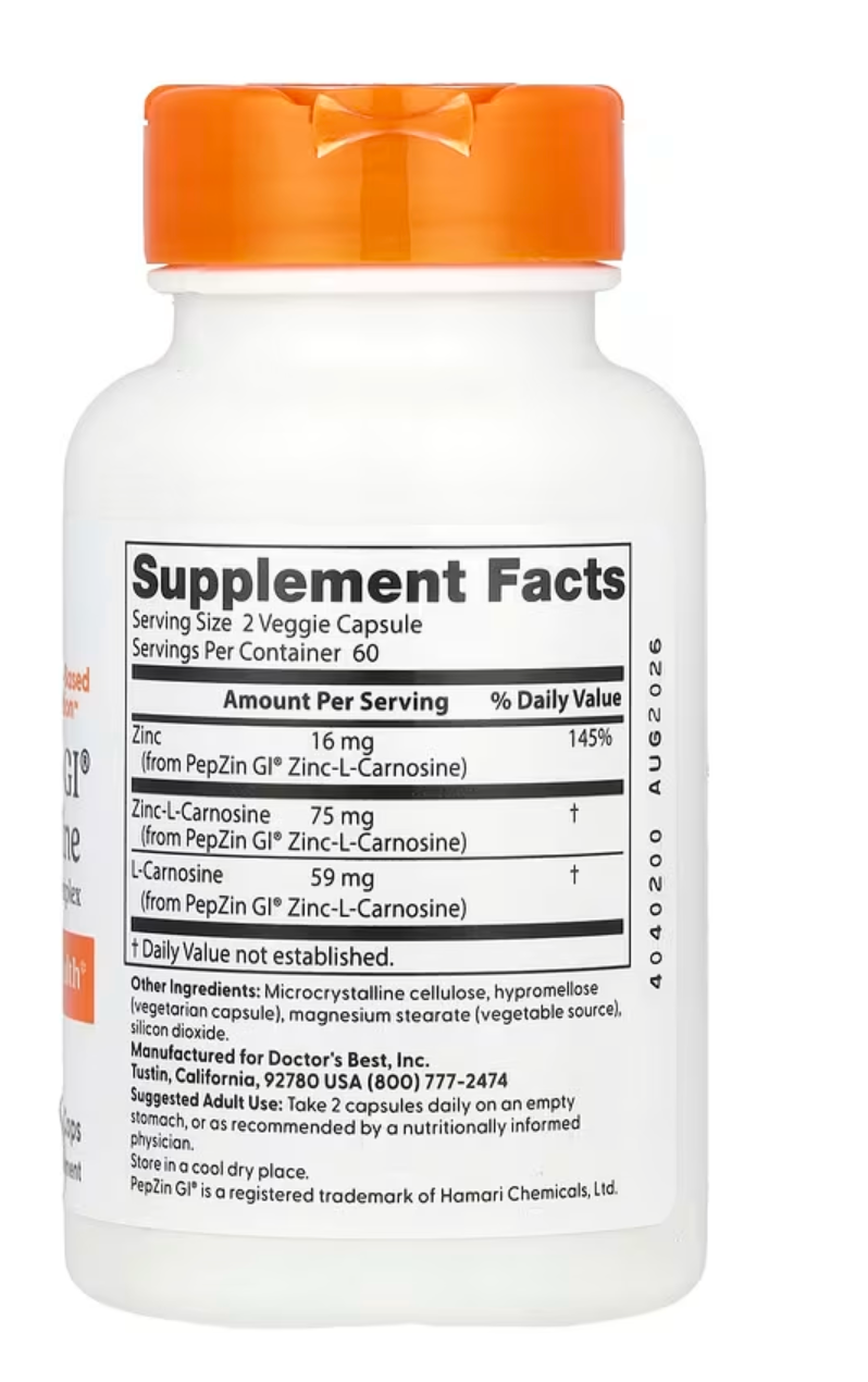 Doctors Best PepZinGi, Zinc-L-Carnosine Complex,120 Veg Capsules