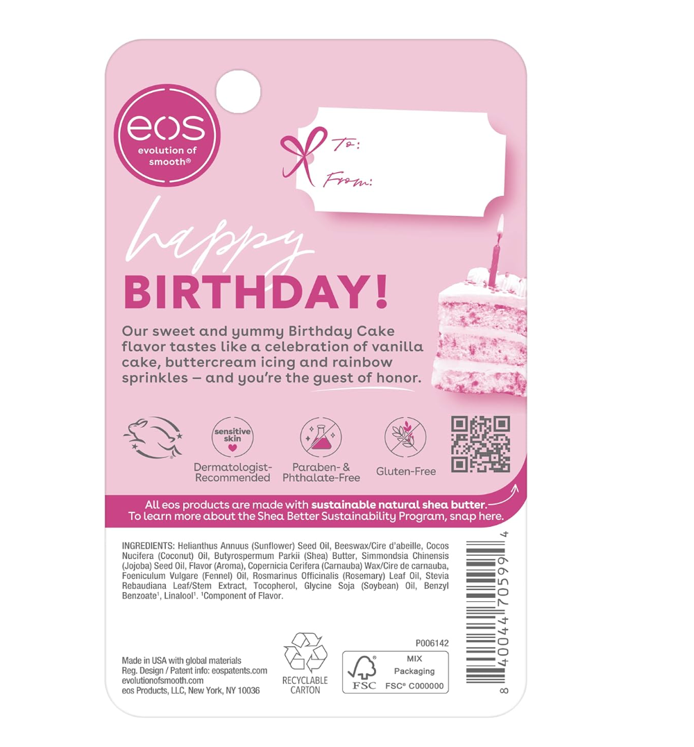 EOS Natural Shea Lip Balm, Birthday Cake, All-Day Moisture, 0.14 oz