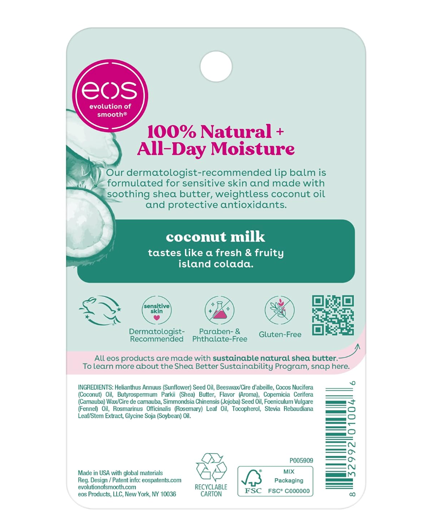 EOS 100% Natural Lip Balm, Coconut Milk, All-Day Moisture, 0.25 oz