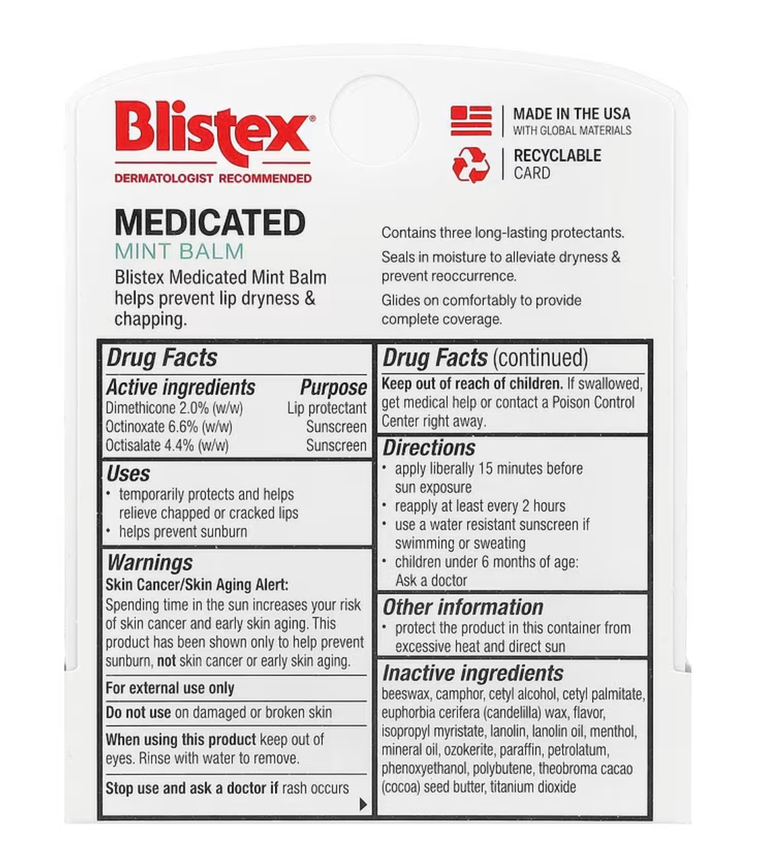 Blistex, Medicated Lip Protectant/Sunscreen, SPF 15, Mint, 0.15 oz (4.25 g)