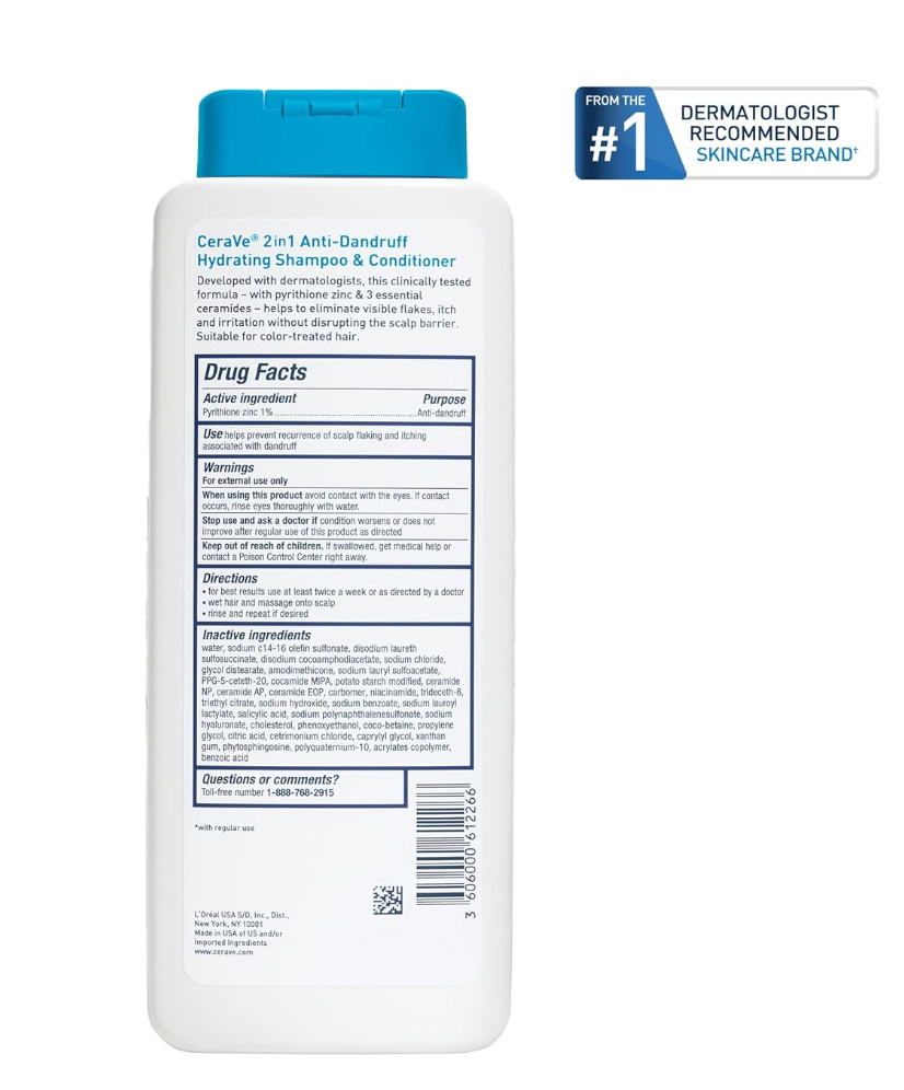 CeraVe 2-in-1 Anti Dandruff Shampoo & Conditioner 1% Pyrithione Zinc, Hydrating, Sulfate-Free, Color Safe, 12oz