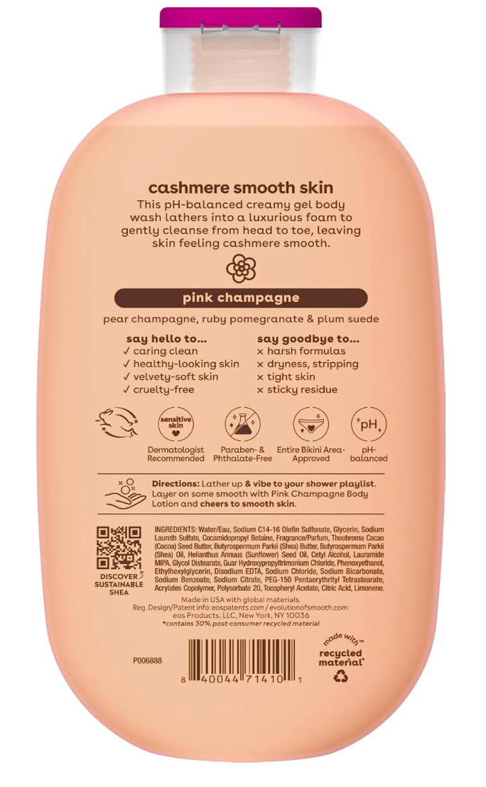 eos Shea Better Cashmere Body Wash, Pink Champagne, Moisturizing and Nourishing, pH Balanced Creamy Gel Formula, Paraben & Phthalate Free, Sensitive Skin,16 fl oz