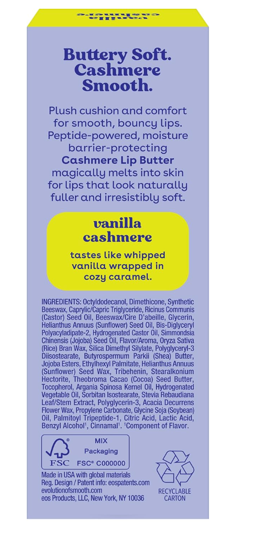 EOS Cashmere Lip Butter, Vanilla Cashmere, Plumping Peptides, 0.35 fl oz, Smooth Lips