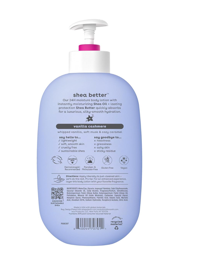 eos Shea Better Body Lotion- Vanilla Cashmere, 24-Hour Moisture Skin Care, Lightweight & Non-Greasy, Made with Natural Shea, Vegan, 16 fl oz