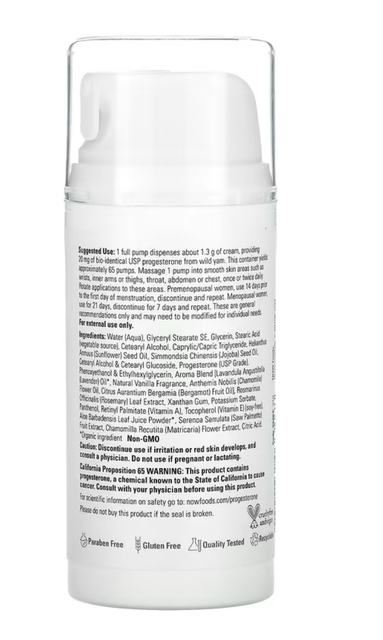 NOW Foods, Solutions, Progesterone from Wild Yam, Balancing Skin Cream, Calming Lavender, 3 oz (85 g)