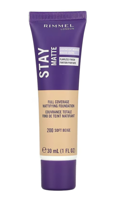 Rimmel London, Stay Matte, Full Coverage Mattifying Foundation, 200 Soft Beige, 1 fl oz (30 ml)