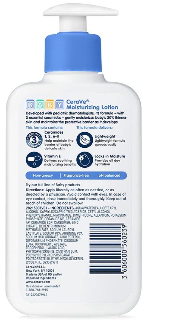CeraVe Baby Lotion 8oz, Gentle Moisturizer with Ceramides, Niacinamide & Vitamin E, Fragrance-Free