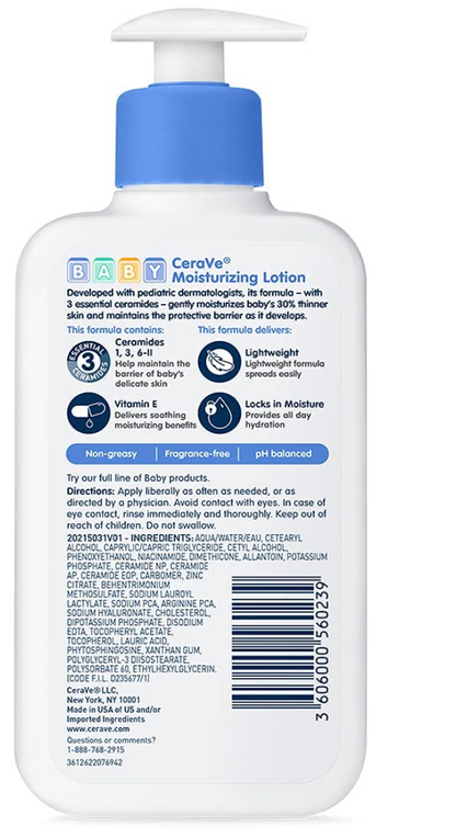 CeraVe Baby Lotion 8oz, Gentle Moisturizer with Ceramides, Niacinamide & Vitamin E, Fragrance-Free
