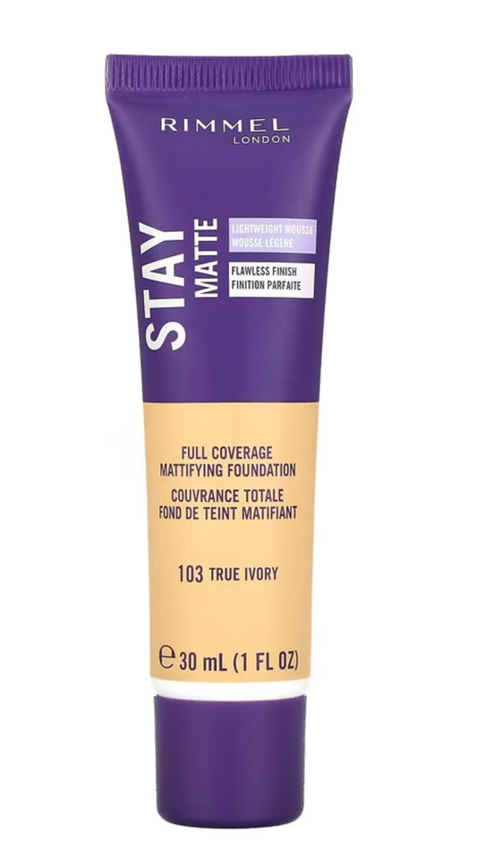 Rimmel London, Stay Matte, Full Coverage Mattifying Foundation, 103 True Ivory, 1 fl oz (30 ml)