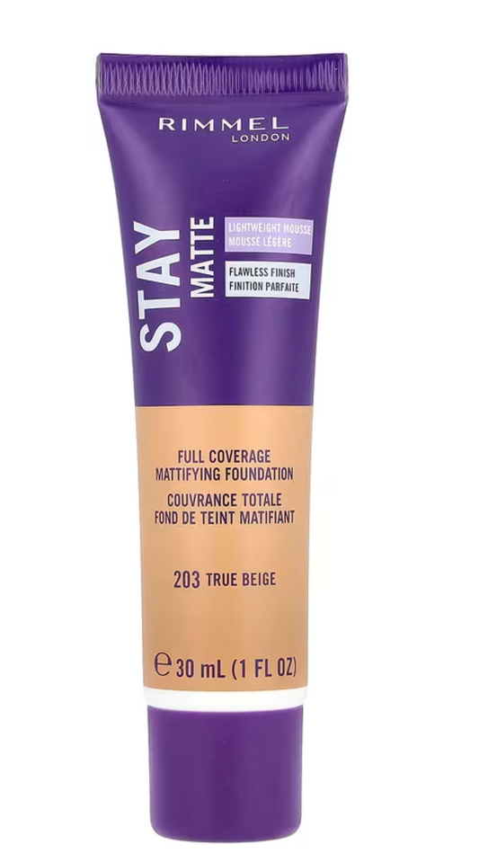 Rimmel London, Stay Matte, Full Coverage Mattifying Foundation, 203 True Beige, 1 fl oz (30 ml)