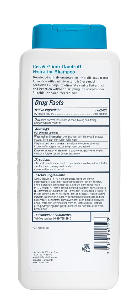 CeraVe Anti Dandruff Shampoo 1% Pyrithione Zinc, Hydrating, Ceramides & Niacinamide, 12oz