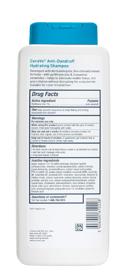 CeraVe Anti Dandruff Shampoo 1% Pyrithione Zinc, Hydrating, Ceramides & Niacinamide, 12oz