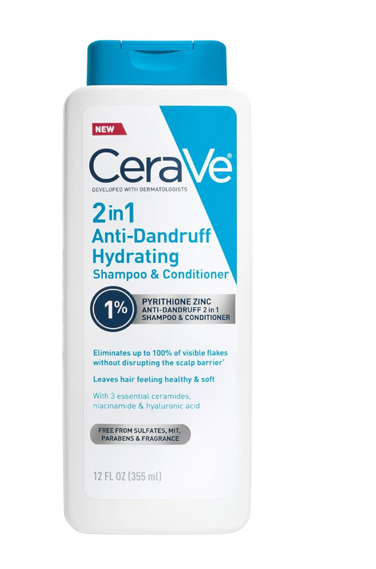CeraVe 2-in-1 Anti Dandruff Shampoo & Conditioner 1% Pyrithione Zinc, Hydrating, Sulfate-Free, Color Safe, 12oz