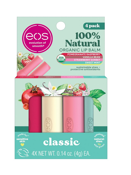 eos Organic Lip Balm Sticks – 4 Pack (Strawberry, Vanilla, Mint & Pomegranate)