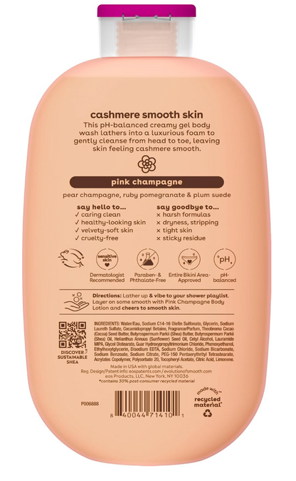 eos Shea Better Cashmere Body Wash, Pink Champagne, Moisturizing and Nourishing, pH Balanced Creamy Gel Formula, Paraben & Phthalate Free, Sensitive Skin,16 fl oz