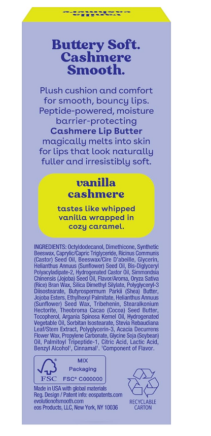 EOS Cashmere Lip Butter, Vanilla Cashmere, Plumping Peptides, 0.35 fl oz, Smooth Lips