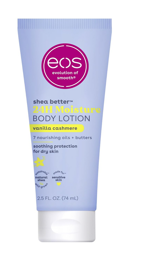 eos 24H Moisture Travel Body Lotion- Vanilla Cashmere, Travel Size Essential, Toiletries, Mini Body Lotion, 2.5 fl oz