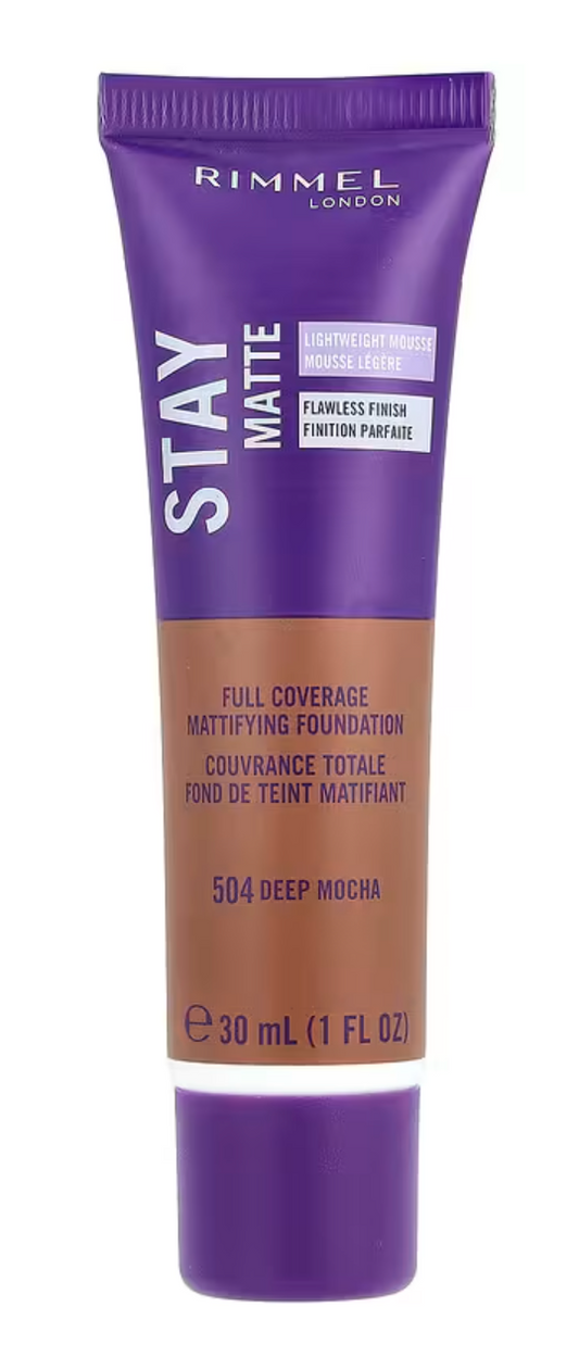Rimmel London, Stay Matte, Full Coverage Mattifying Foundation, 504 Deep Mocha, 1 fl oz (30 ml)