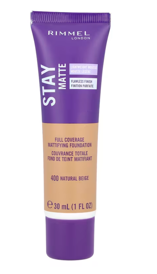 Rimmel London, Stay Matte, Full Coverage Mattifying Foundation, 400 Natural Beige, 1 fl oz (30 ml)